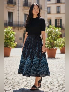 Axara Made in France Long Navy Teal & Gold Boho Hippie Skirt Cotton Size 8